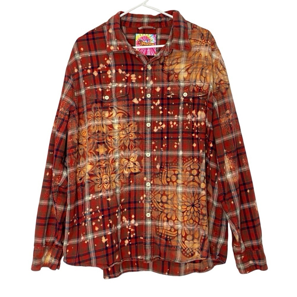 Custom Bleached Flannel Shirt Men Size XXL Unisex Floral Plaid Upcycled 2X 2XL